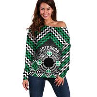 Personalised Aotearoa Niho Taniwha Motif Off Shoulder Sweater Green Style LT9 Women Green - Polynesian Pride