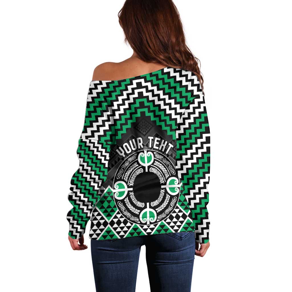 Personalised Aotearoa Niho Taniwha Motif Off Shoulder Sweater Green Style LT9 - Polynesian Pride