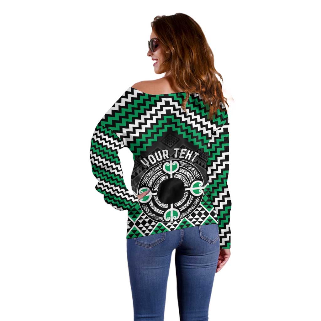 Personalised Aotearoa Niho Taniwha Motif Off Shoulder Sweater Green Style LT9 - Polynesian Pride