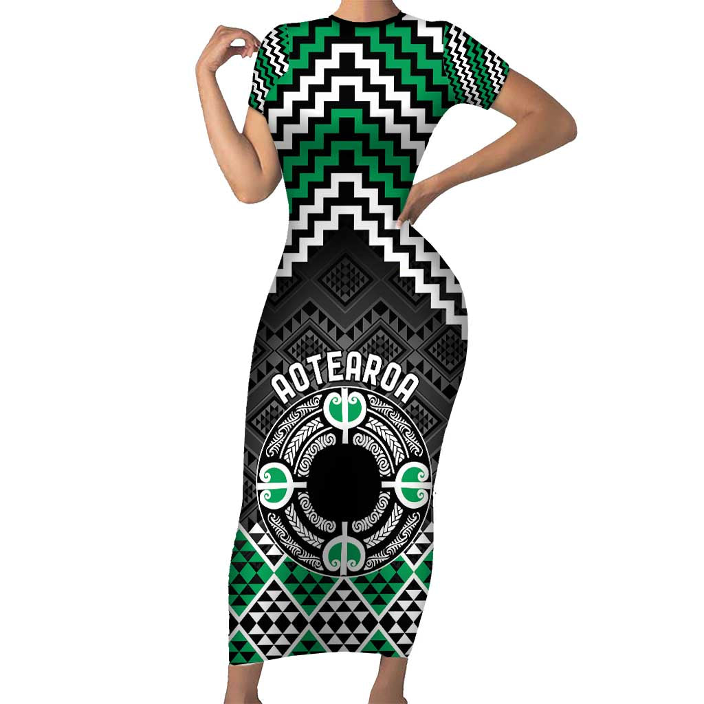Personalised Aotearoa Niho Taniwha Motif Short Sleeve Bodycon Dress Green Style LT9 Long Dress Green - Polynesian Pride