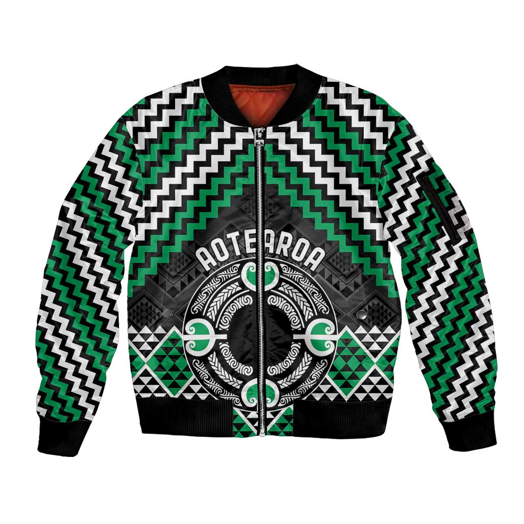 Personalised Aotearoa Niho Taniwha Motif Sleeve Zip Bomber Jacket Green Style LT9 Unisex Green - Polynesian Pride