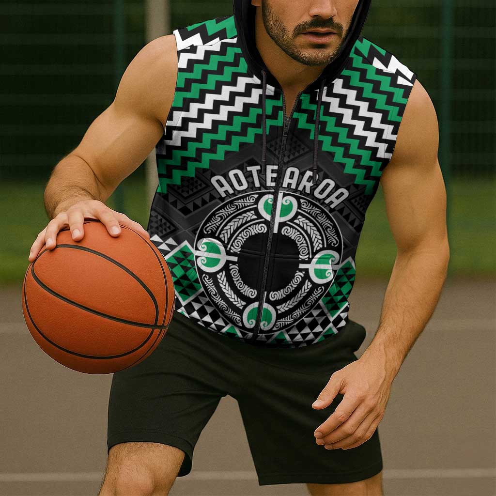 Personalised Aotearoa Niho Taniwha Motif Sleeveless Zip Hoodie Green Style - Polynesian Pride