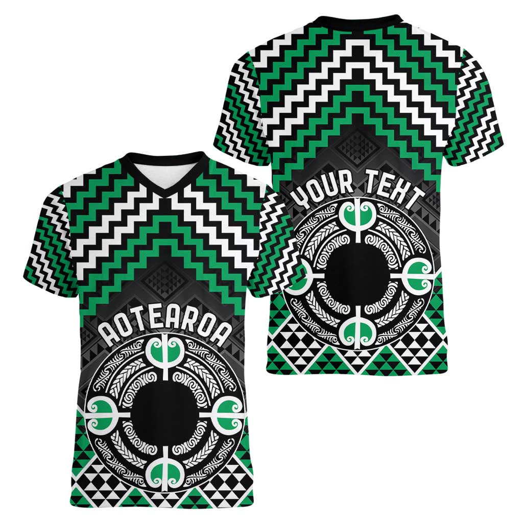 Personalised Aotearoa Niho Taniwha Motif Women V-Neck T-Shirt Green Style