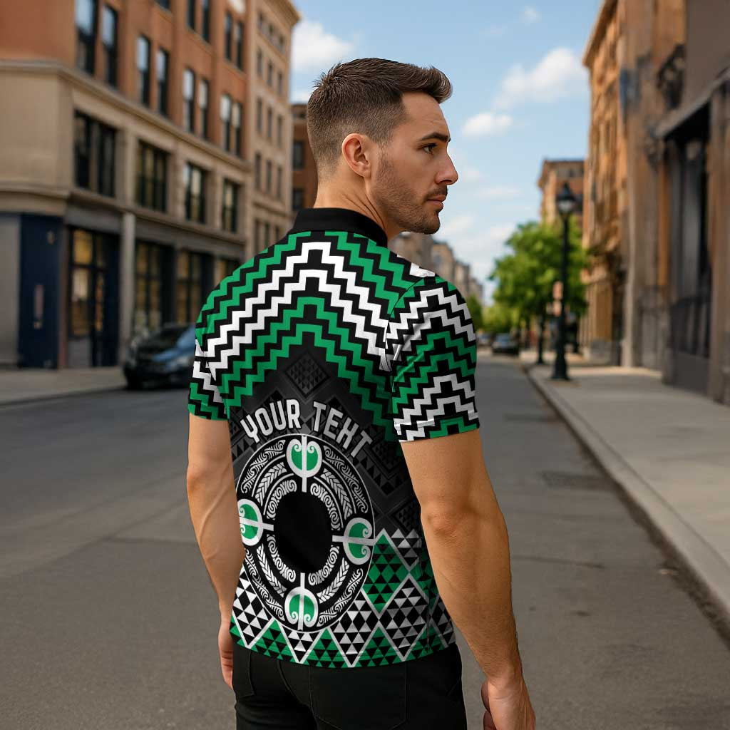 Personalised Aotearoa Niho Taniwha Motif Zipper Polo Shirt Green Style - Polynesian Pride