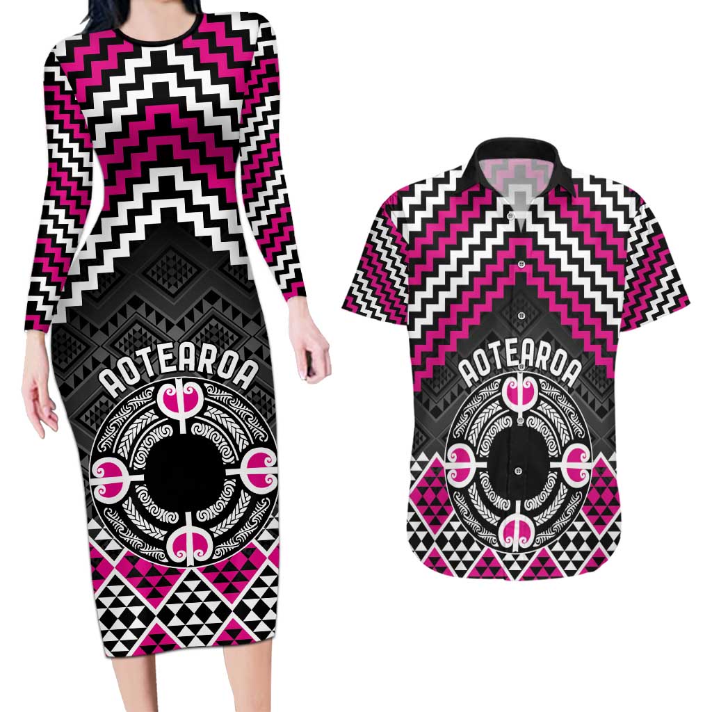 Personalised Aotearoa Niho Taniwha Motif Couples Matching Long Sleeve Bodycon Dress and Hawaiian Shirt Pink Style LT9 Pink - Polynesian Pride