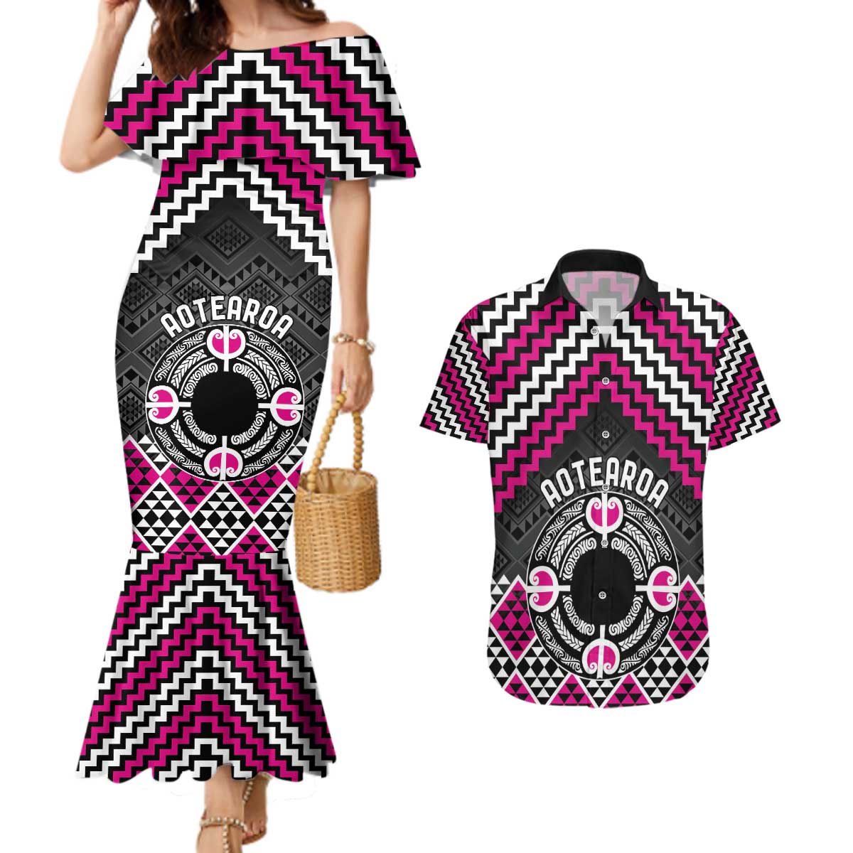Personalised Aotearoa Niho Taniwha Motif Couples Matching Mermaid Dress and Hawaiian Shirt Pink Style LT9 Pink - Polynesian Pride