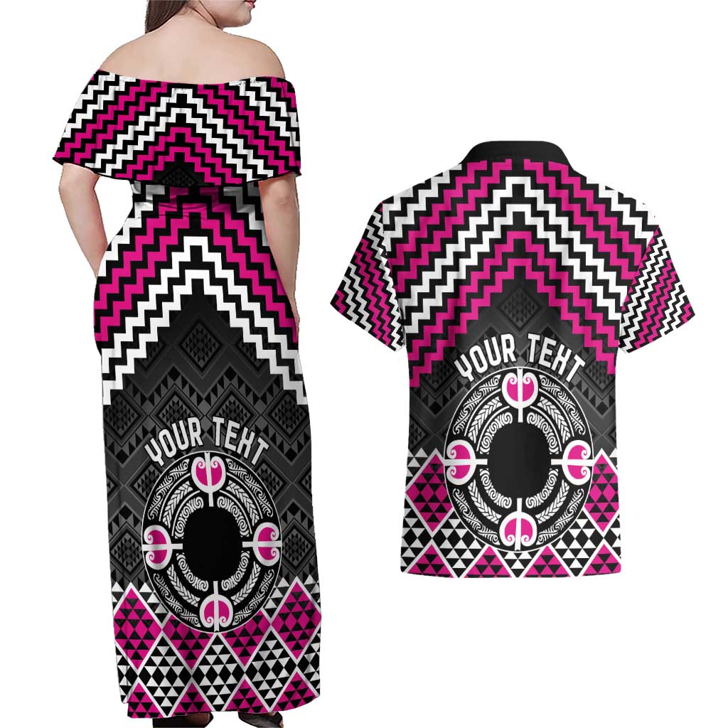 Personalised Aotearoa Niho Taniwha Motif Couples Matching Off Shoulder Maxi Dress and Hawaiian Shirt Pink Style LT9 - Polynesian Pride