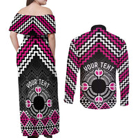 Personalised Aotearoa Niho Taniwha Motif Couples Matching Off Shoulder Maxi Dress and Long Sleeve Button Shirt Pink Style