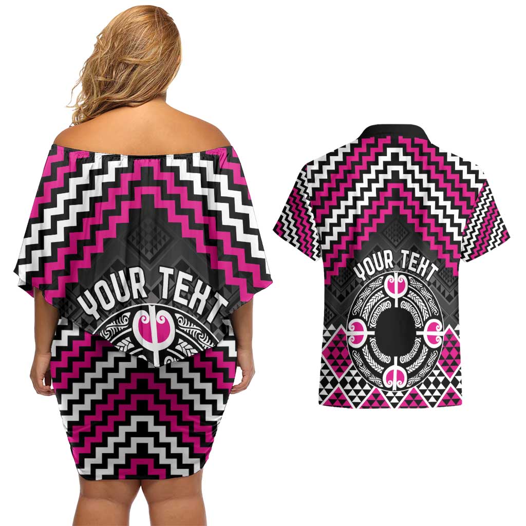 Personalised Aotearoa Niho Taniwha Motif Couples Matching Off Shoulder Short Dress and Hawaiian Shirt Pink Style LT9 - Polynesian Pride