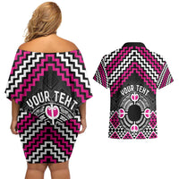 Personalised Aotearoa Niho Taniwha Motif Couples Matching Off Shoulder Short Dress and Hawaiian Shirt Pink Style LT9 - Polynesian Pride