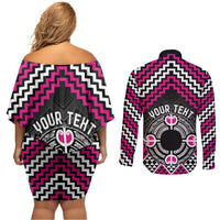 Personalised Aotearoa Niho Taniwha Motif Couples Matching Off Shoulder Short Dress and Long Sleeve Button Shirt Pink Style