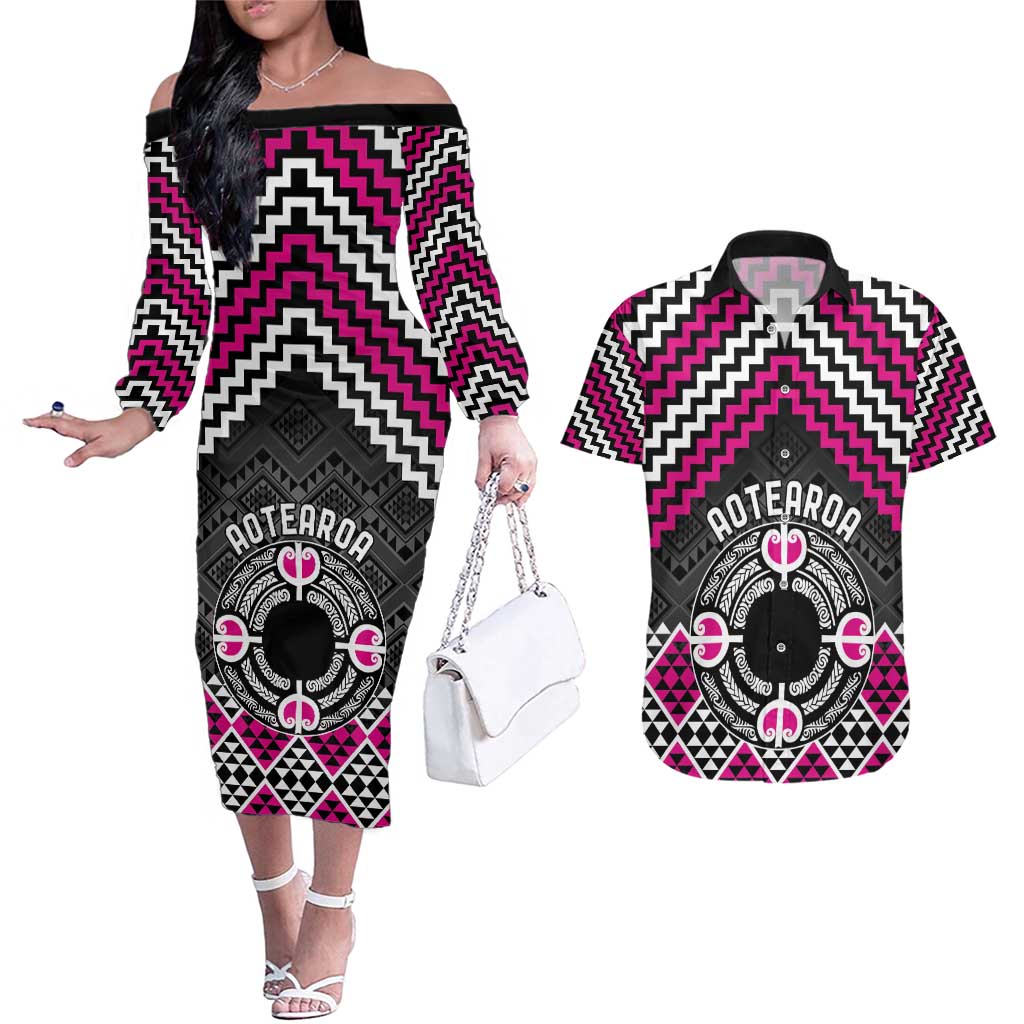 Personalised Aotearoa Niho Taniwha Motif Couples Matching Off The Shoulder Long Sleeve Dress and Hawaiian Shirt Pink Style LT9 Pink - Polynesian Pride