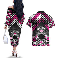 Personalised Aotearoa Niho Taniwha Motif Couples Matching Off The Shoulder Long Sleeve Dress and Hawaiian Shirt Pink Style LT9 - Polynesian Pride