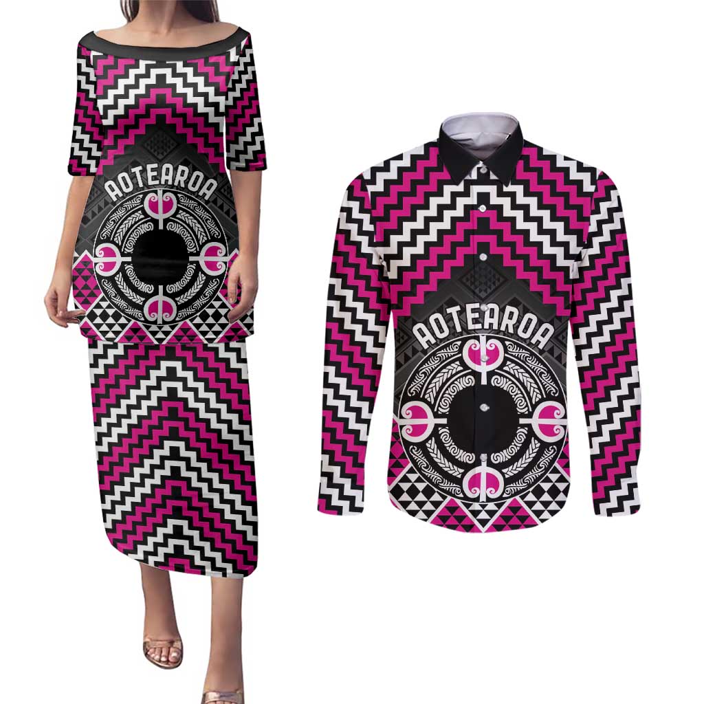 Personalised Aotearoa Niho Taniwha Motif Couples Matching Puletasi and Long Sleeve Button Shirt Pink Style LT9 Pink - Polynesian Pride