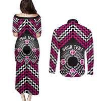 Personalised Aotearoa Niho Taniwha Motif Couples Matching Puletasi and Long Sleeve Button Shirt Pink Style LT9 - Polynesian Pride