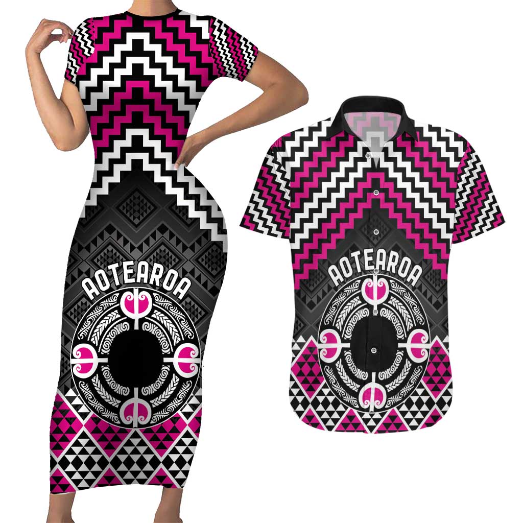 Personalised Aotearoa Niho Taniwha Motif Couples Matching Short Sleeve Bodycon Dress and Hawaiian Shirt Pink Style LT9 Pink - Polynesian Pride