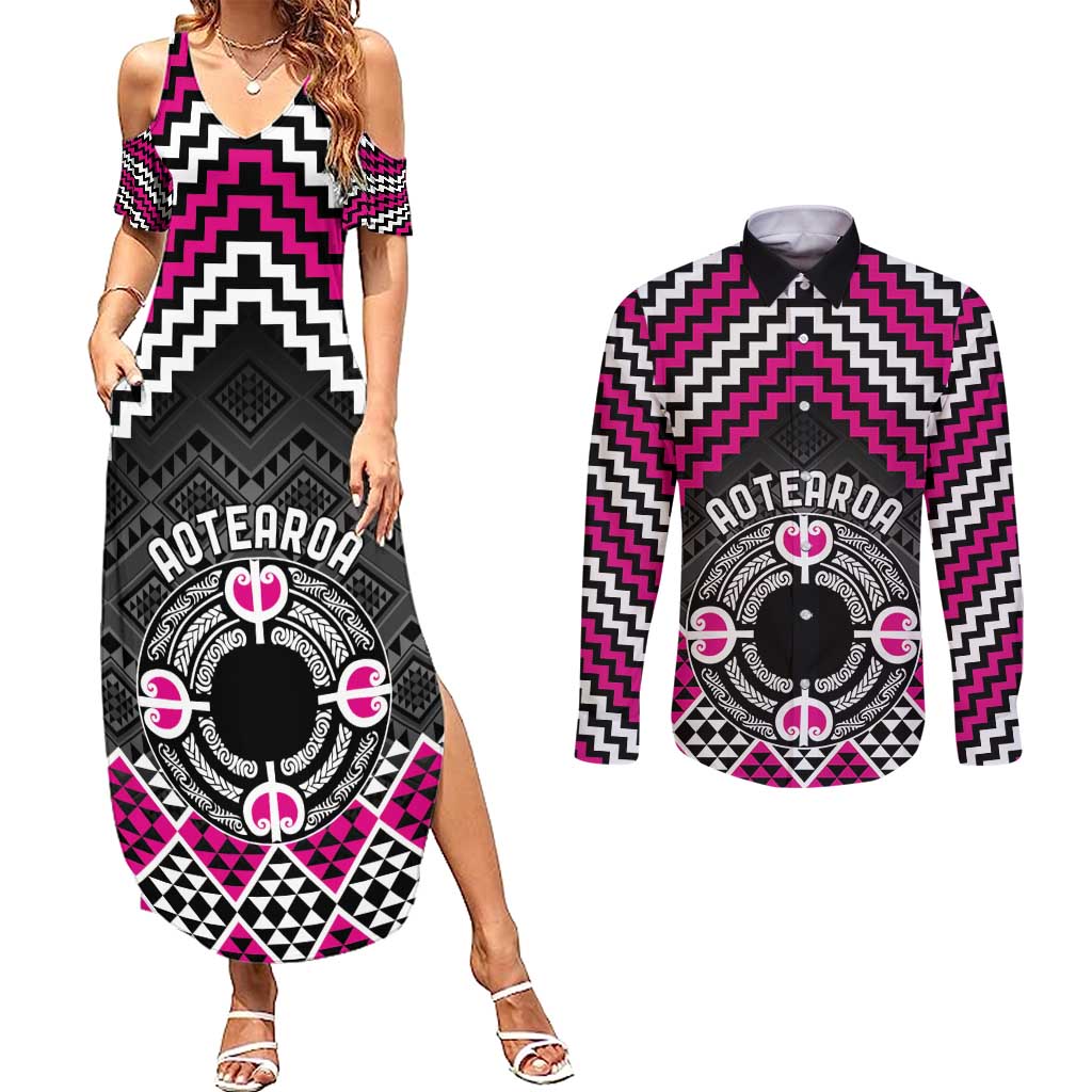 Personalised Aotearoa Niho Taniwha Motif Couples Matching Summer Maxi Dress and Long Sleeve Button Shirt Pink Style
