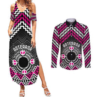 Personalised Aotearoa Niho Taniwha Motif Couples Matching Summer Maxi Dress and Long Sleeve Button Shirt Pink Style