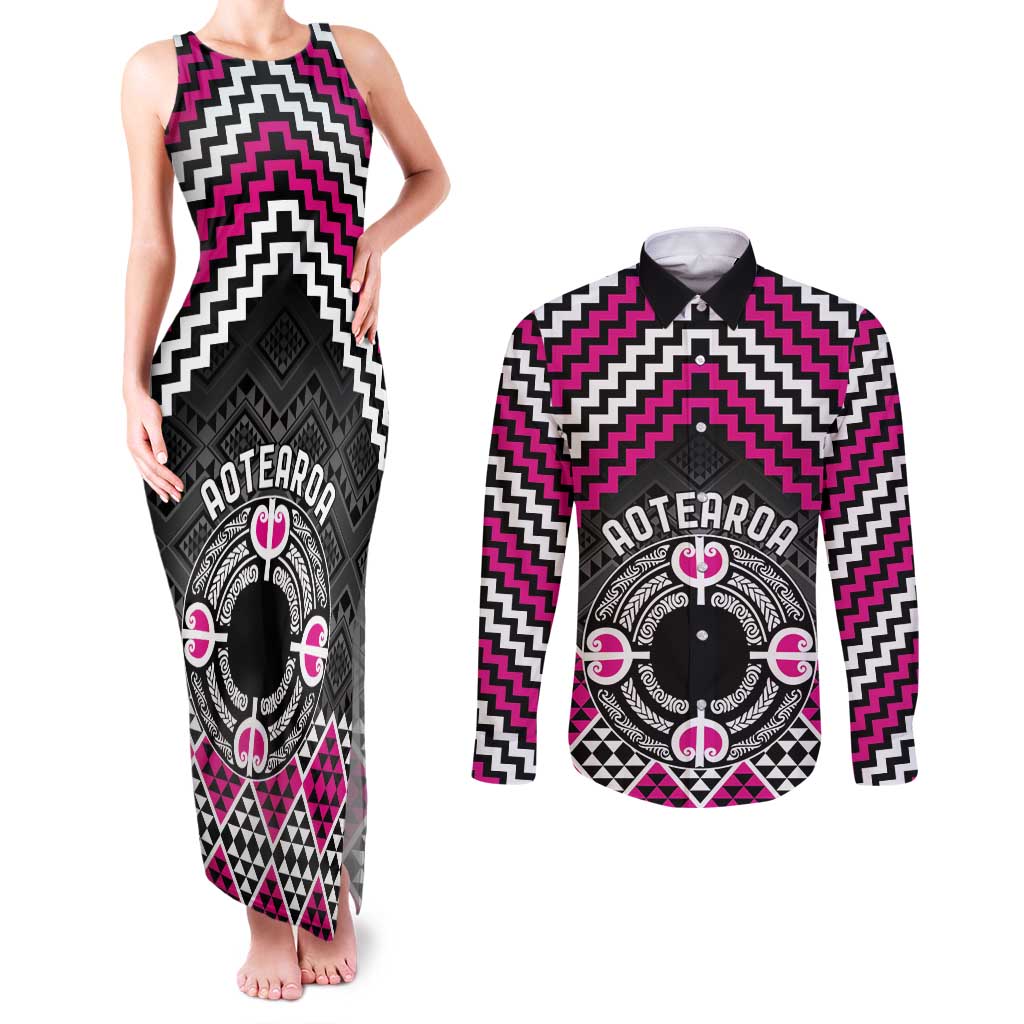 Personalised Aotearoa Niho Taniwha Motif Couples Matching Tank Maxi Dress and Long Sleeve Button Shirt Pink Style