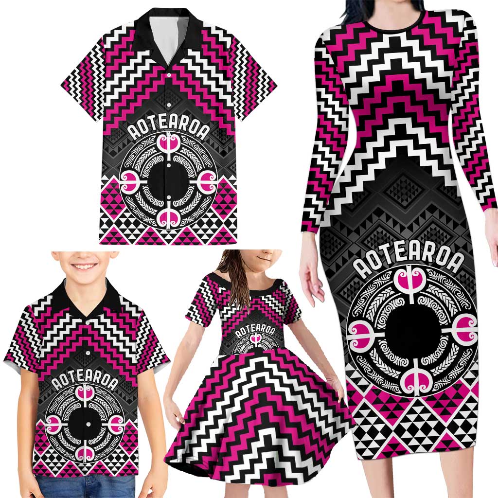 Personalised Aotearoa Niho Taniwha Motif Family Matching Long Sleeve Bodycon Dress and Hawaiian Shirt Pink Style LT9 - Polynesian Pride
