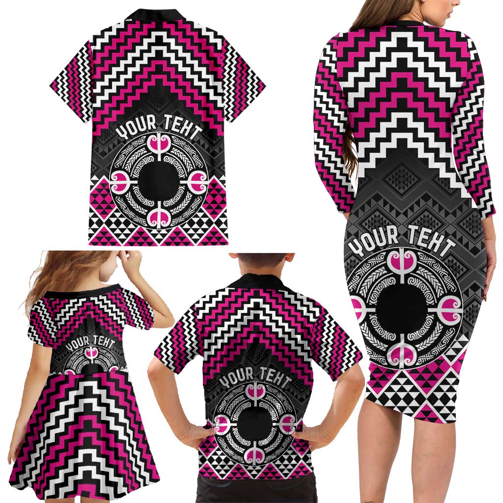 Personalised Aotearoa Niho Taniwha Motif Family Matching Long Sleeve Bodycon Dress and Hawaiian Shirt Pink Style LT9 - Polynesian Pride
