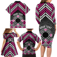 Personalised Aotearoa Niho Taniwha Motif Family Matching Long Sleeve Bodycon Dress and Hawaiian Shirt Pink Style LT9 - Polynesian Pride