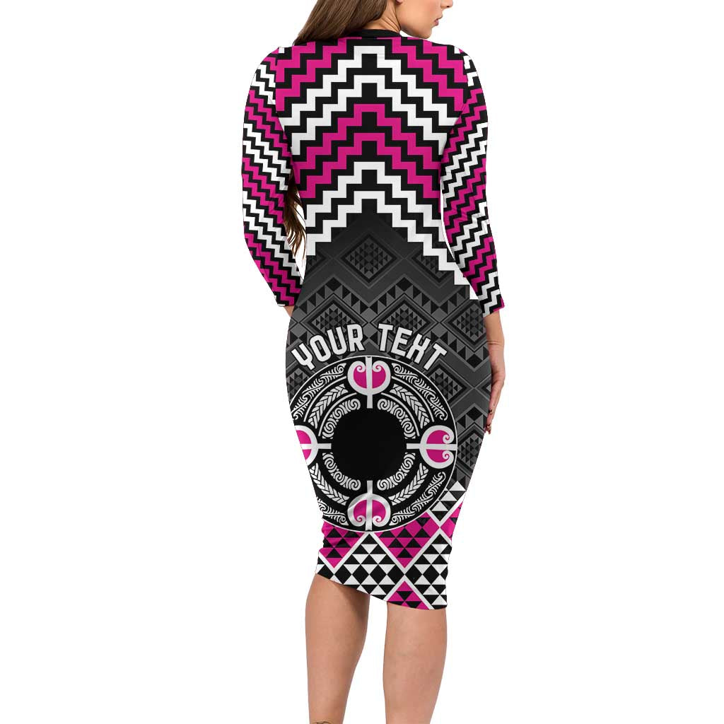 Personalised Aotearoa Niho Taniwha Motif Family Matching Long Sleeve Bodycon Dress and Hawaiian Shirt Pink Style LT9 - Polynesian Pride
