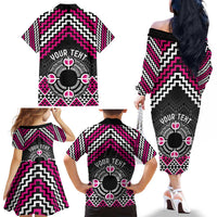 Personalised Aotearoa Niho Taniwha Motif Family Matching Off The Shoulder Long Sleeve Dress and Hawaiian Shirt Pink Style LT9 - Polynesian Pride