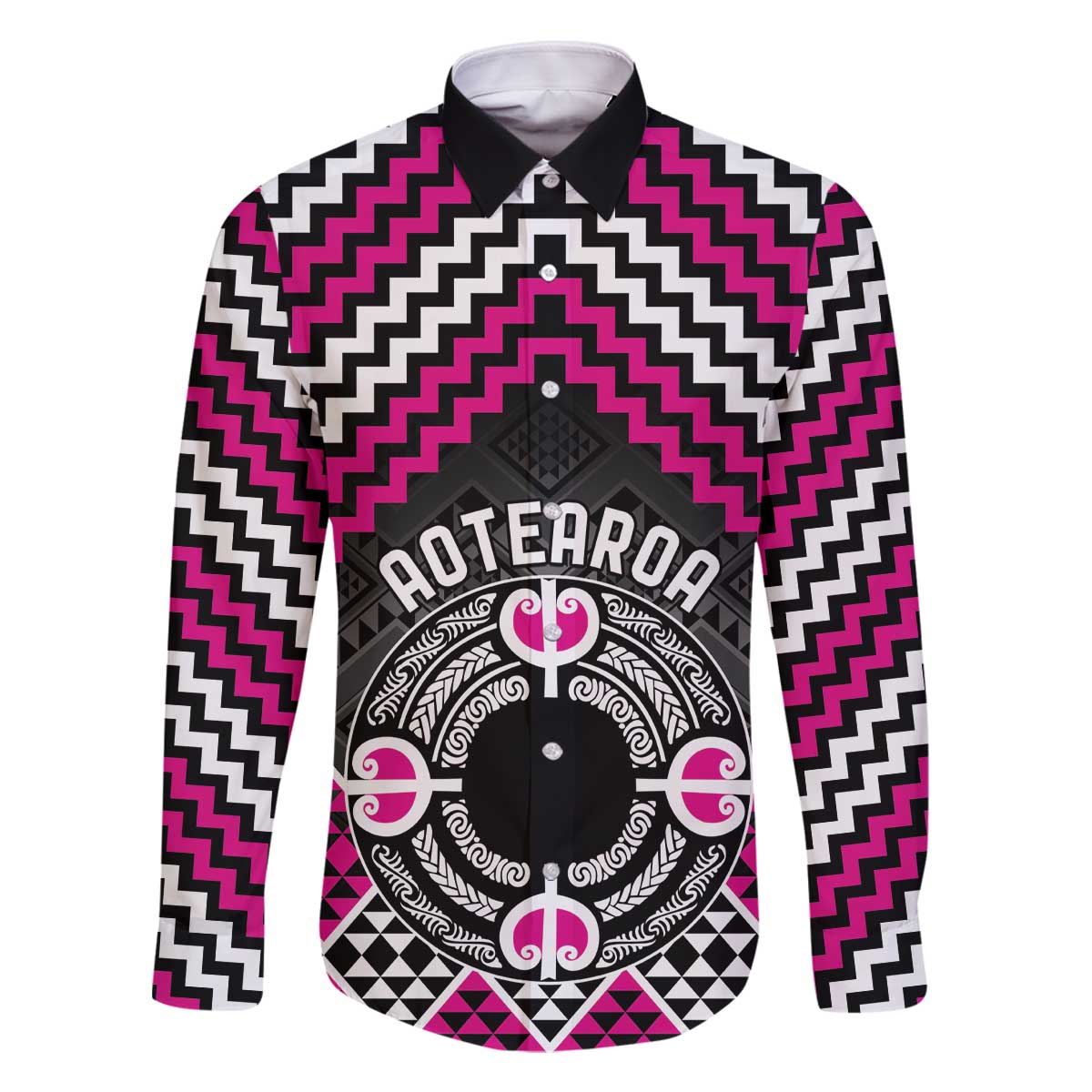 Personalised Aotearoa Niho Taniwha Motif Family Matching Off The Shoulder Long Sleeve Dress and Hawaiian Shirt Pink Style LT9 Dad's Shirt - Long Sleeve Pink - Polynesian Pride