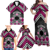 Personalised Aotearoa Niho Taniwha Motif Family Matching Off Shoulder Maxi Dress and Hawaiian Shirt Pink Style LT9 - Polynesian Pride