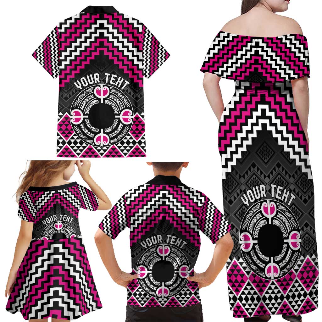 Personalised Aotearoa Niho Taniwha Motif Family Matching Off Shoulder Maxi Dress and Hawaiian Shirt Pink Style LT9 - Polynesian Pride