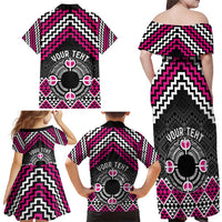 Personalised Aotearoa Niho Taniwha Motif Family Matching Off Shoulder Maxi Dress and Hawaiian Shirt Pink Style LT9 - Polynesian Pride