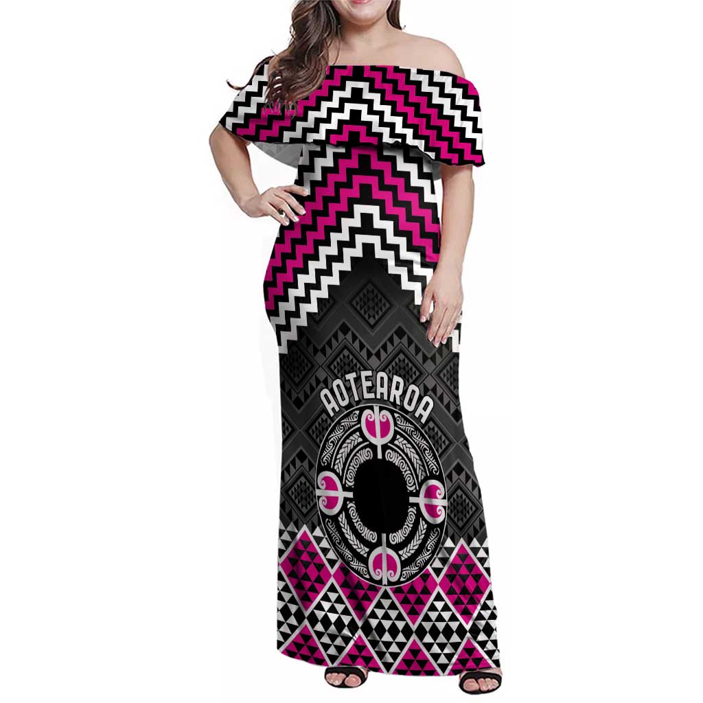 Personalised Aotearoa Niho Taniwha Motif Family Matching Off Shoulder Maxi Dress and Hawaiian Shirt Pink Style LT9 Mom's Dress Pink - Polynesian Pride