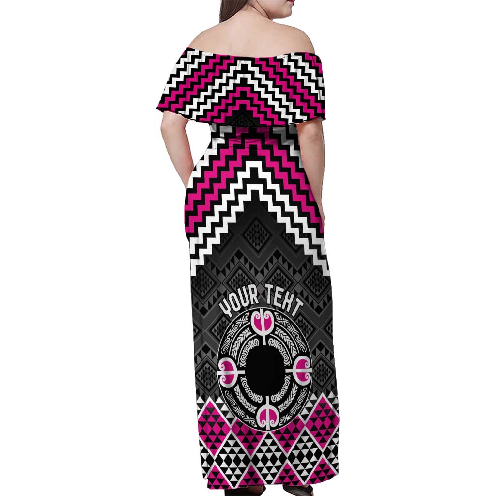 Personalised Aotearoa Niho Taniwha Motif Family Matching Off Shoulder Maxi Dress and Hawaiian Shirt Pink Style LT9 - Polynesian Pride