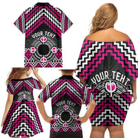 Personalised Aotearoa Niho Taniwha Motif Family Matching Off Shoulder Short Dress and Hawaiian Shirt Pink Style LT9 - Polynesian Pride