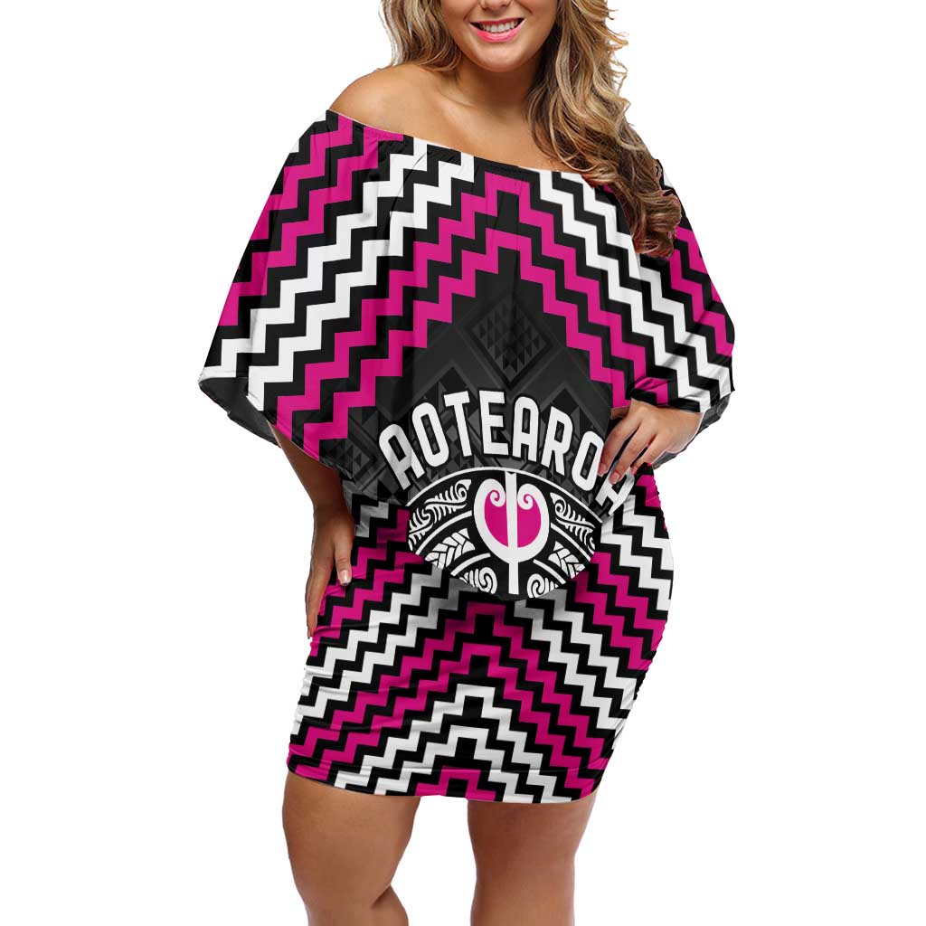 Personalised Aotearoa Niho Taniwha Motif Family Matching Off Shoulder Short Dress and Hawaiian Shirt Pink Style LT9 Mom's Dress Pink - Polynesian Pride