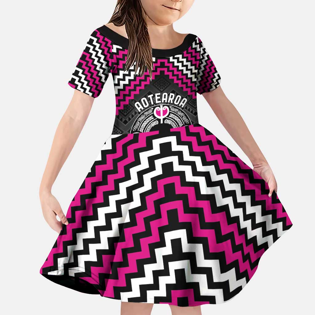 Personalised Aotearoa Niho Taniwha Motif Family Matching Puletasi and Hawaiian Shirt Pink Style LT9 Daughter's Dress Pink - Polynesian Pride