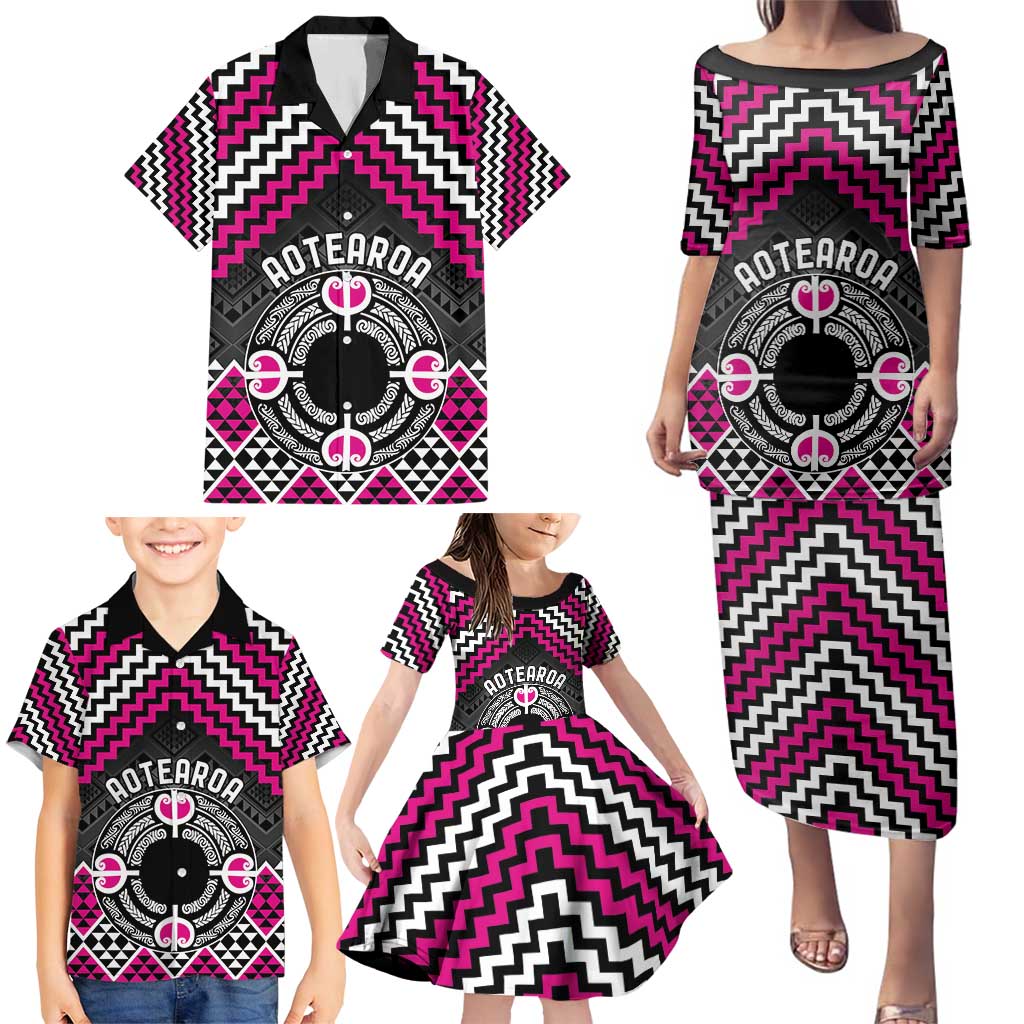 Personalised Aotearoa Niho Taniwha Motif Family Matching Puletasi and Hawaiian Shirt Pink Style LT9 - Polynesian Pride