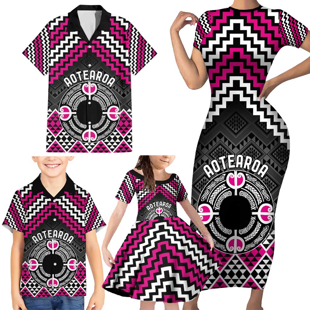 Personalised Aotearoa Niho Taniwha Motif Family Matching Short Sleeve Bodycon Dress and Hawaiian Shirt Pink Style LT9 - Polynesian Pride