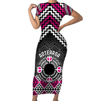 Personalised Aotearoa Niho Taniwha Motif Family Matching Short Sleeve Bodycon Dress and Hawaiian Shirt Pink Style LT9 Mom's Dress Pink - Polynesian Pride