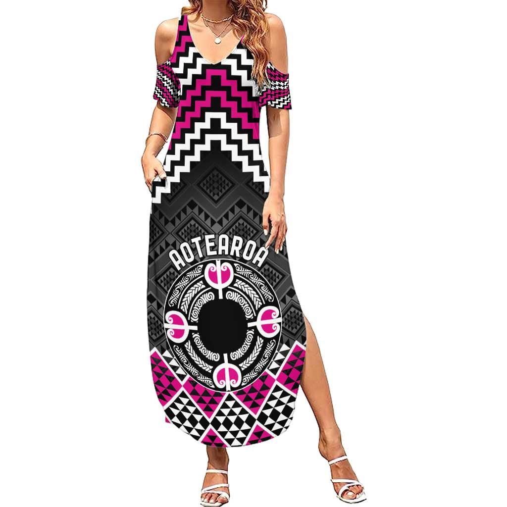 Personalised Aotearoa Niho Taniwha Motif Family Matching Summer Maxi Dress and Hawaiian Shirt Pink Style LT9 Mom's Dress Pink - Polynesian Pride
