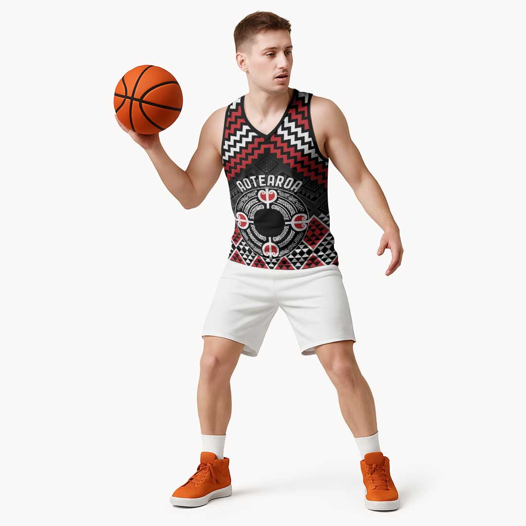 Personalised Aotearoa Niho Taniwha Motif Basketball Jersey Red Style - Polynesian Pride
