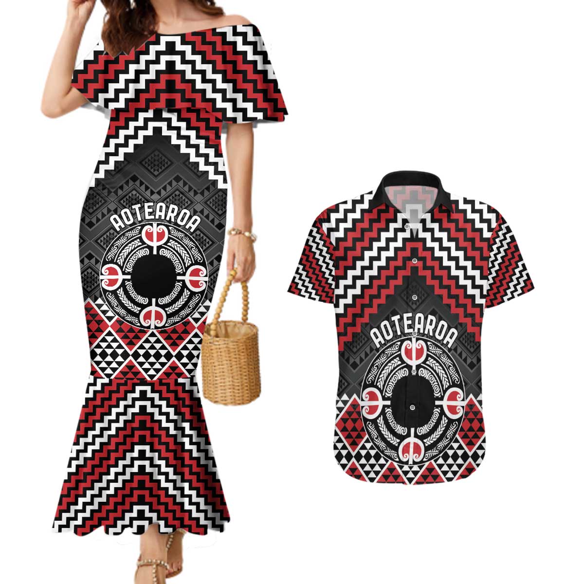 Personalised Aotearoa Niho Taniwha Motif Couples Matching Mermaid Dress and Hawaiian Shirt Red Style LT9 Red - Polynesian Pride