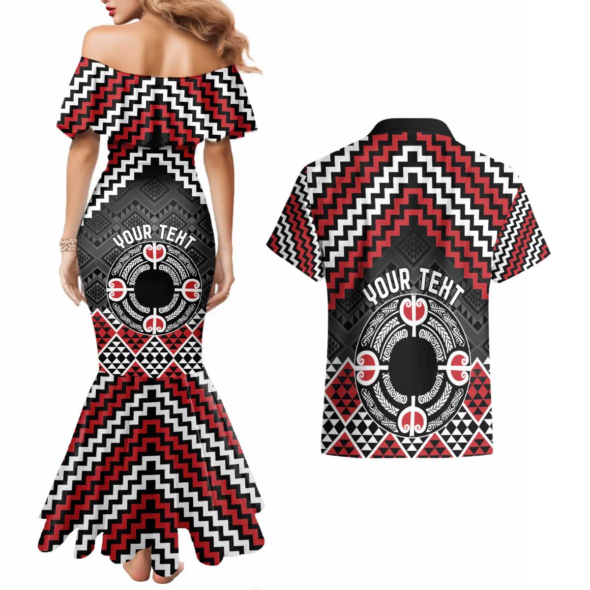 Personalised Aotearoa Niho Taniwha Motif Couples Matching Mermaid Dress and Hawaiian Shirt Red Style LT9 - Polynesian Pride
