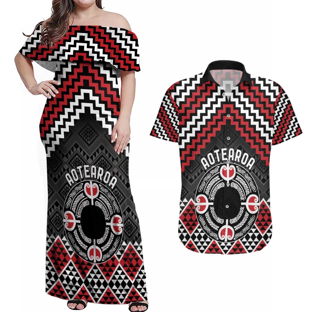 Personalised Aotearoa Niho Taniwha Motif Couples Matching Off Shoulder Maxi Dress and Hawaiian Shirt Red Style LT9 Red - Polynesian Pride