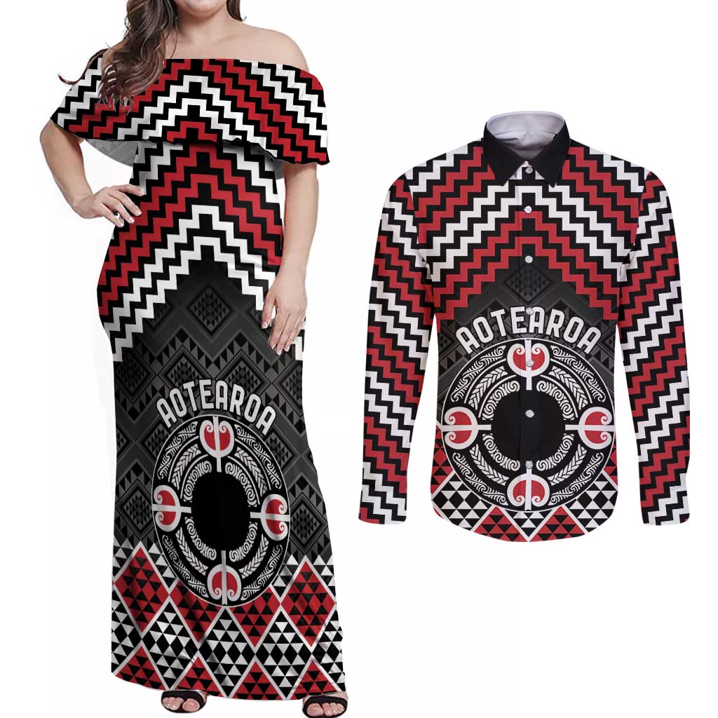 Personalised Aotearoa Niho Taniwha Motif Couples Matching Off Shoulder Maxi Dress and Long Sleeve Button Shirt Red Style LT9 Red - Polynesian Pride