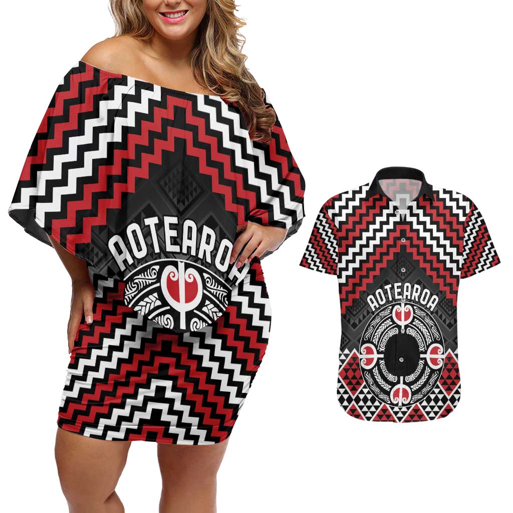 Personalised Aotearoa Niho Taniwha Motif Couples Matching Off Shoulder Short Dress and Hawaiian Shirt Red Style LT9 Red - Polynesian Pride