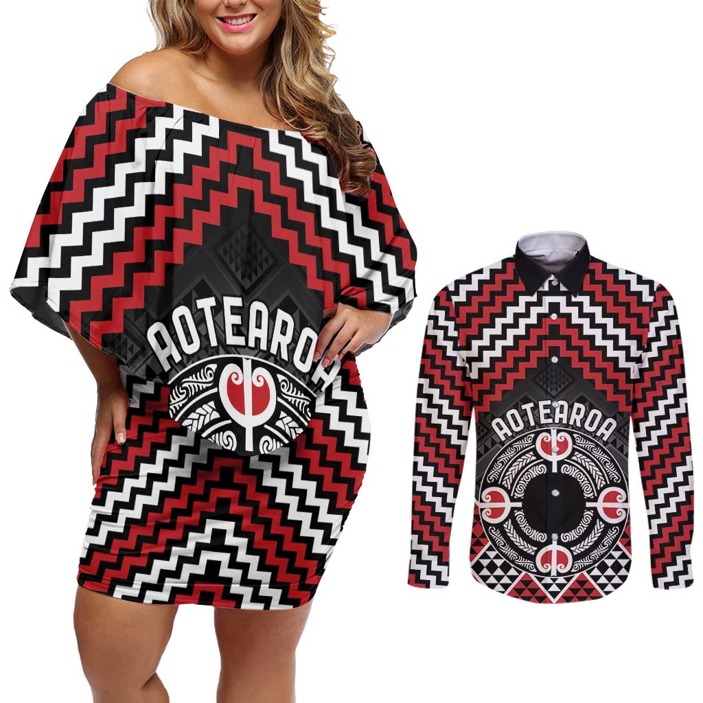 Personalised Aotearoa Niho Taniwha Motif Couples Matching Off Shoulder Short Dress and Long Sleeve Button Shirt Red Style LT9 Red - Polynesian Pride