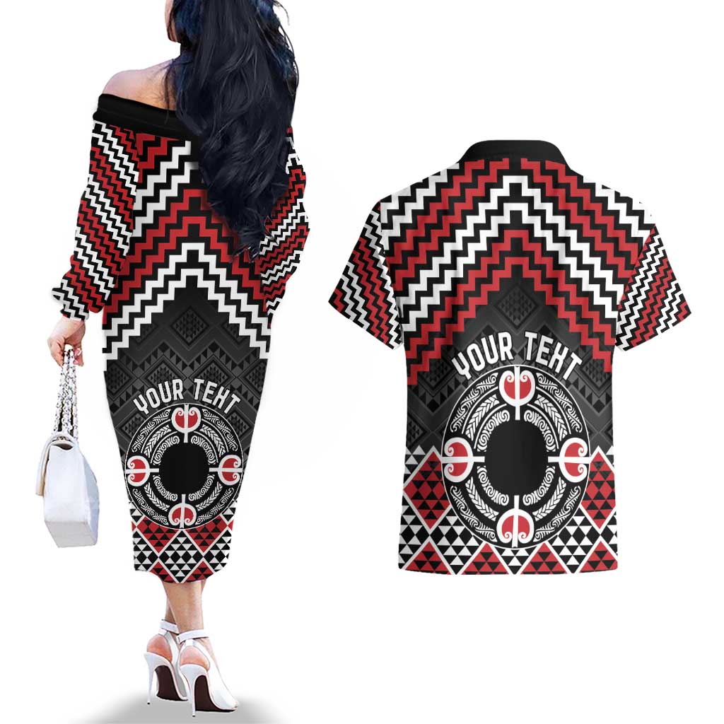 Personalised Aotearoa Niho Taniwha Motif Couples Matching Off The Shoulder Long Sleeve Dress and Hawaiian Shirt Red Style LT9 - Polynesian Pride