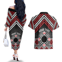 Personalised Aotearoa Niho Taniwha Motif Couples Matching Off The Shoulder Long Sleeve Dress and Hawaiian Shirt Red Style LT9 - Polynesian Pride